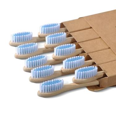Imagem de 10 escovas de dentes de bambu – escovas de dentes de cerdas médias sem BPA, escovas de dentes de madeira natural compostáveis, sem plástico, embalagem ecológica para adultos (branco e azul,