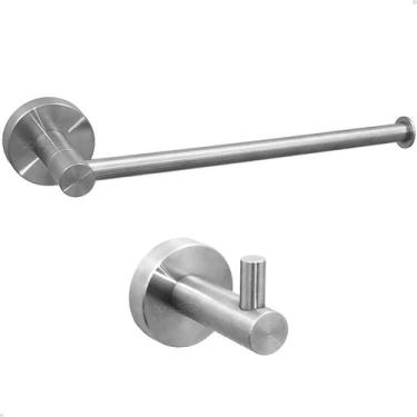 Imagem de Kit Toalheiro Inox Escovado Porta Toalha De Rosto Mãos Reto E Cabide G
