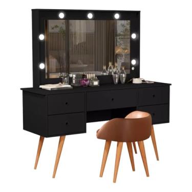 Imagem de Penteadeira Bancada Maquiagem 100% MDF com LED Estilo Camarim Banqueta Banquinho Puff Corino Pé Madeira (Preto)