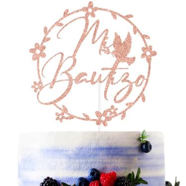 Imagem de Rose Gold Glitter Mi Bautizo Cake Topper, Spanish First Holy Comunion Cake Décor, Baptism Baby Shower Party Decorations Supplies