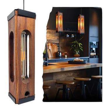 Imagem de Lustre Vertical Luminária Pendente Estilo Industrial Madeira Aço Rústico Vintage LED Branco Quente Iluminação Decorativa Resistênte Ambientes Elegantes Inspirador Funcional Charmoso