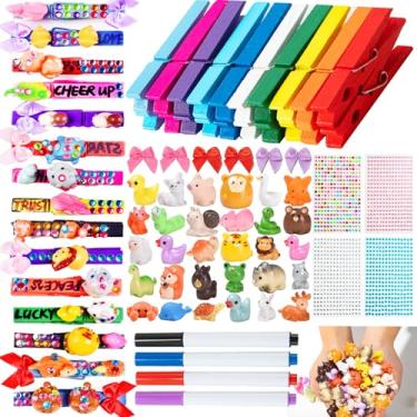 Imagem de LIENATSER Conjunto de 60 pinos de torcida, clipes espirituais, inclui 60 pinos de madeira coloridos para roupas, 90 mini animais de resina e adesivos autoadesivos, canetas para mochilas de torcida