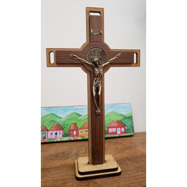 Imagem de Cruz Crucifixo em Madeira e Metal para Parede e Mesa, 30 cm x 20 cm