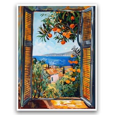 Imagem de Impressão de Henri Matisse com janela aberta – pintura estilo fauvismo, vista costeira do mar mediterrâneo, laranjeira, arte de parede colorida, impressão moderna para decoração de casa e apartamento,