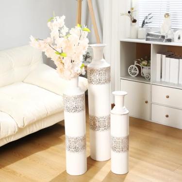 Imagem de Cinnvoice Vaso de chão branco alto 81 cm conjunto de 3 peças extra grandes de metal para decoração de casa vintage sala de estar canto quarto corredor escritório hotel casamento grama pampa pena galho