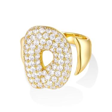 Imagem de KissYan Anel feminino com inicial de bolha, placa de ouro 14 quilates, anéis abertos, ajustáveis, delicados, pavimentados, zircônia cúbica, personalizada, moda, joia de presente, Latão, Zircônia