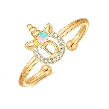 Imagem de CIVOKINA Anéis delicados de unicórnio com inicial para meninas, banhado a ouro 14 quilates/ouro rosa/prata para meninas, lindo anel infantil hipoalergênico, ajustável, com letras para presentes para