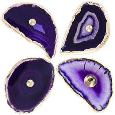 Imagem de rockcloud Puxadores de fatia de ágata roxa para armário de gaveta, puxador para cômoda armário fatia tingida com botões de borda banhados a ouro para móveis decorativos de casa, pacote com 4