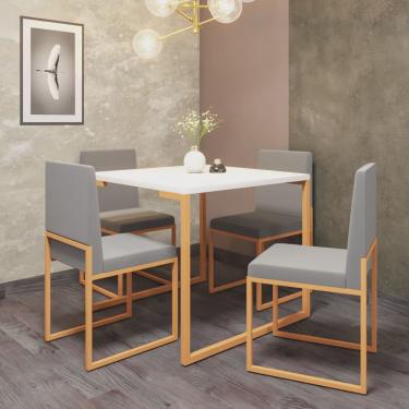 Imagem de Conjunto de Jantar Stan Industrial Mesa Quadrada 90x90cm Com 4 Cadeiras Ferro Dourado Tampo Branco Sintético Cinza - Ahazzo Móveis