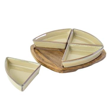 Imagem de Porta aperitivo de ceramica bege E base de madeira - 4 pcs