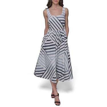 Imagem de KARL LAGERFELD Vestido midi sem mangas com decote em V estampado, Branco macio/azul cambraia multi, 42