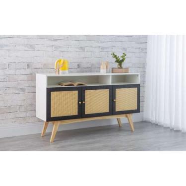 Imagem de Balcão Buffet Para Sala De Jantar Mdf Branco Pés Taeda 3 Portas Com Ni