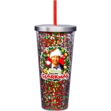 Imagem de Spoontiques - Copo de acrílico preenchido com glitter – Copo com glitter com canudo – 590 ml – Tampa de bloqueio de aço inoxidável com canudo – Parede dupla isolada – Livre de BPA – Merry Clarksmas