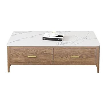 Imagem de AKALNNB Mesa de centro, mesa de centro moderna para sala de estar com tampo de ardósia e 4 gavetas, mesa retangular para coquetel de 129,8 cm, móveis de madeira pequena