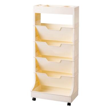 Imagem de FTOQWZXV Estante de livros, estante móvel com rodas, carrinho de estante móvel, pasta de arquivos, armazenamento de revistas com suporte de caneta, para sala de aula e casa (Bianco 6)