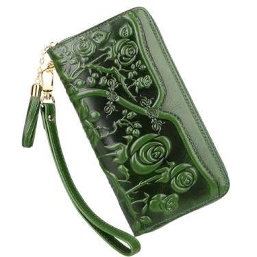 Imagem de WYUYIWH KWBQZGA Carteiras femininas de couro genuíno designer floral carteira de pulso bolsa clutch feminina com borla (20098 roxa), Verde (modelo 20098)