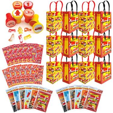 Imagem de Conjunto sortido de festa de aniversário de bombeiros Tiny Mills com 108 peças (12 grandes sacos de lembrancinha de festa com alças, 24 carimbos de auto-tinta para crianças, 12 folhas de adesivos, 12 livros de colorir, 48 giz de cera)