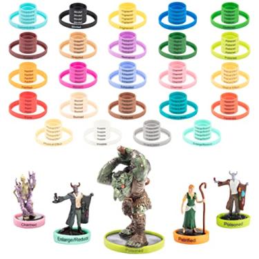 Imagem de Marcadores de efeito de status flexíveis DND – 120 anéis, 24 condições diferentes – SOMENTE marca que serve para mini tamanho grande e padrão – para miniaturas Dungeons Dragons, Pathfinder e RPG – Desliza facilmente sob as bases
