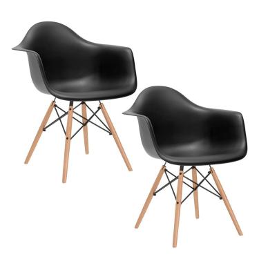 Imagem de Kit 2 Cadeiras Eames Eifflel Com Braço Daw De Madeira Com Assento Preto - Cor: Preto