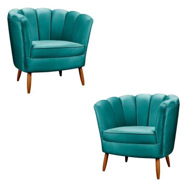 Imagem de Kit 2 Poltronas Decorativa Ariel Petala Com Pés De Madeira Star Confort Ciano