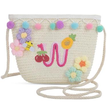 Imagem de Sacola feminina de praia de verão de palha pequena com letras 2025, bolsa de praia de palha de tecido para mulheres 2025 (W, branca), Branco