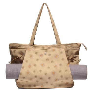 Imagem de ESVAN Bolsa de ioga para mulheres, bolsa de ombro com cordão para escritório, treino, viagem, transporte, pilates, academia e praia (flor marrom de veludo cotelê)