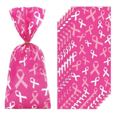 Imagem de JarThenaAMCS 100 unidades de sacos de guloseimas de celofane de conscientização do câncer de mama com laços torcidos de plástico rosa choque sacos de guloseimas para mulheres, presentes de festa