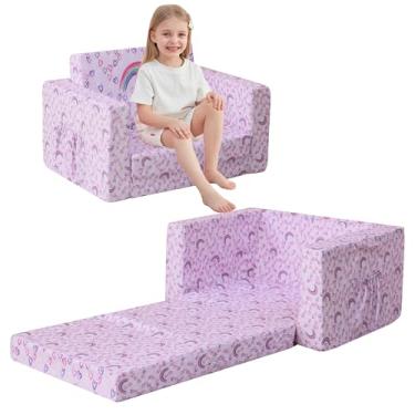 Imagem de lasoftan Sofá infantil para crianças, 2 em 1 dobrável, sofá conversível para espreguiçadeira para meninas e meninos, com capa removível e bolsos duplos - arco-íris roxo