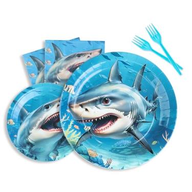 Imagem de ColorOrca Decorações Para Festa De Aniversário Tubarão - Conjunto Talheres, Prato Papel, Garfo, Guardanapo, Itens Temáticos Do Fundo Mar Chá Bebê E Menino, Serve 24 Pessoas
