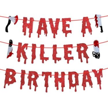 Imagem de Photken Faixa De Aniversário Com Glitter Vermelho "Have A Killer" - Guirlanda Papel Pré-Enfiada Para Pendurar Em Halloween, Decorações Sangrentas, Fundo Fotográfico Parede, Lareira, Escritório, Supr