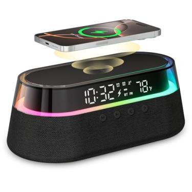 Imagem de KUANGXIANG Despertador 6 Em 1 Para Quarto, Alto-Falante Digital Com Carregamento Sem Fio De 15 W, Rádio Fm, Luz Noturna Led, Alarme Duplo, Preto