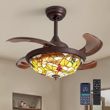 Imagem de CROSSIO Ventilador De Teto Tiffany 36" Com Luminária Fandelier, Lustre Vintage, Vitral, Lâminas Retráteis Para Quarto E Sala Estar