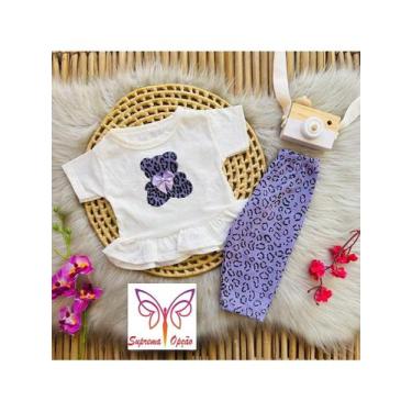 Imagem de Conjunto Blusa Com Calça Ursinho Oncinha Manga Curta Bebê Menina Blogu