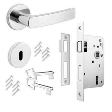 Imagem de Kit 1 Fechadura Completa Interna Soprano Pali Porta Madeira Quarto Maçaneta Roseta Redonda Contra Testa Chaves Parafusos