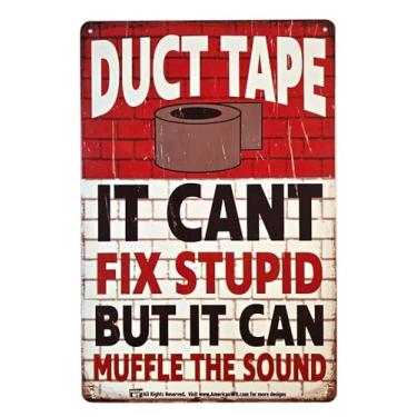 Imagem de AMERICAN WIT Placa De Metal Com Fita Adesiva, Não Conserta Bobagens, Mas Abafa O Som (20 X 30 Cm) - Parede Tijolos Vermelha. Caverna Do Homem, Área Bar