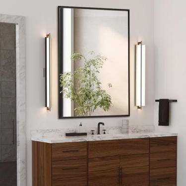 Imagem de miroro 61 cm C x 91 cm L Espelho de banheiro emoldurado de metal preto para parede espelho retangular arredondado antiferrugem, vidro temperado, pendurado horizontal ou verticalmente