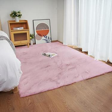 Imagem de Ghouse Tapete rosa de pele de coelho sintética 15,2 x 23,8 cm, lavável à máquina para quarto, tapetes macios para sala de estar, tapete de pele de carneiro que não descama