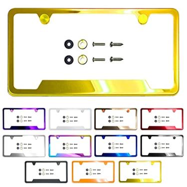 Imagem de Corte Inferior Moldura de Placa de Licença Espelho Dourado Cromo Galvanoplastia Universal Fit Alumínio Parafuso na Tampa, Aço Inoxidável T304, À Prova de Ferrugem Parafuso de Aço Inoxidável à Prova de