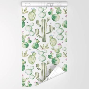 Imagem de Danmyho Papel de parede verde claro para cascar e colar de cactos aquarela, boho, cacto, papel de parede, autoadesivo, papel de parede removível para quarto, cozinha, armários, prateleiras