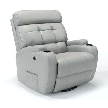 Imagem de Poltrona do papai Reclinável Elétrica Bivolt Com base Giratória e Balanço em Couro Bovino - Modelo Florença (Cinza Griggio)
