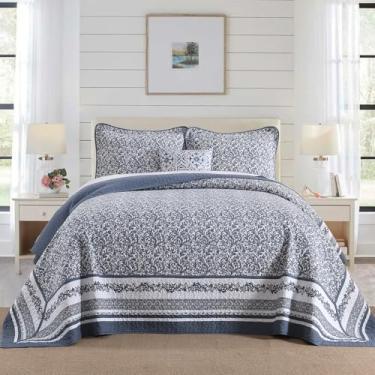 Imagem de Quilta Colcha de cama 100% algodão GG California King Size - 325 x 304,8 cm, conjunto de colcha estilo fazenda azul, 3 peças, edredom macio e leve, cobertores respiráveis e aconchegantes com padrão