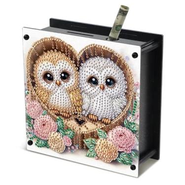 Imagem de TDFERAN Kits de arte de diamante, cofrinho, 14 x 13 cm, kit de pintura por números, para adultos, mini caixa ATM, caixa econômica, jarra de dinheiro, moeda, lata, presente de coruja ideal
