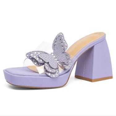 Imagem de NEWBELLA Salto plataforma de strass borboleta – Sandálias de salto alto grossas transparentes para mulheres, perfeitas para formatura e ocasiões elegantes - Y2K Fairy Style, Roxa, 40