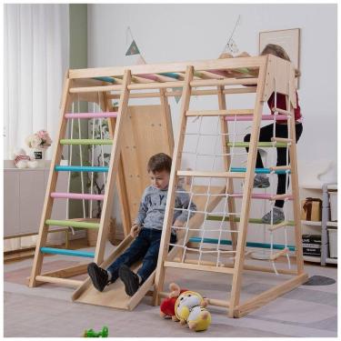 Imagem de Playground Interno Avenlur Magnolia 7-em-1, com Escorregador, Parede de Escalada, Rede de Escalada, Barra de Macaco e Balanço, Estilo