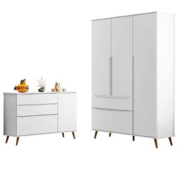 Imagem de Conjunto Infantil Comoda e Guarda Roupa Melinda MDF Branco Pheonix Bab