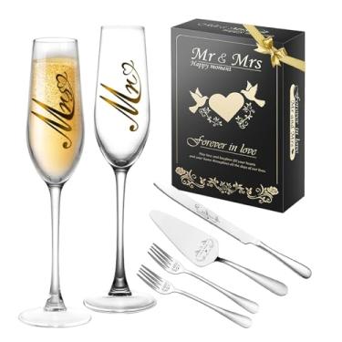 Imagem de Conjunto de faca e servidor de bolo de casamento, taças de champanhe Sr. e Sra. Presentes de noivado para casais, conjunto de corte de bolo para noiva e noivo, taças de brinde para aniversário de