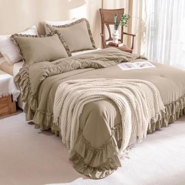 Imagem de QSH Conjunto de edredom Queen, 3 peças, cinza-acastanhado claro, com babados, boêmio, chique, ultrafino, leve, microfibra, enchimento interno