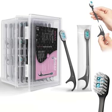 Imagem de Escova de dentes descartável 5 em 1 com pasta de dente de menta embutida, 2 contas de enxaguante bucal, fio dental, palheta, raspador de língua, mini escova de dentes embalada individualmente para