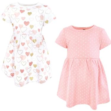 Imagem de Luvable Friends Hudson Baby Vestidos de manga curta 2 unidades, Padrão de coração ouro rosa, 2 Anos