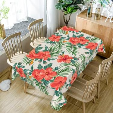Imagem de SIEDYCV Toalha de mesa retangular de folhas tropicais, 152 x 213 cm, folhas de palmeira verde, hibisco vermelho, planta floral, capa de mesa de tecido impermeável para cozinha, jantar, pátio